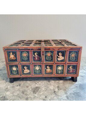 Antique Indian Mughal Wedding Box Dowry Chest Polychrome Handpainted Wood Panels
